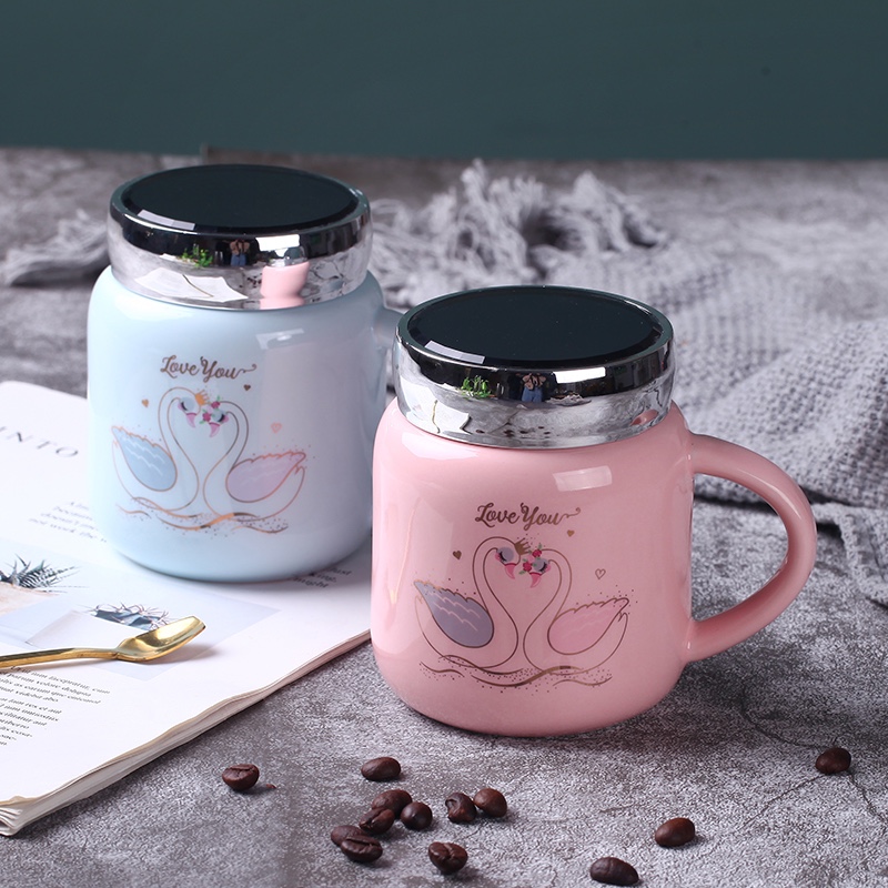Cartoon mugs, creative and simple household breakfast water cups with LIDS, office mirror cups, business gift ceramic cups Item Picture