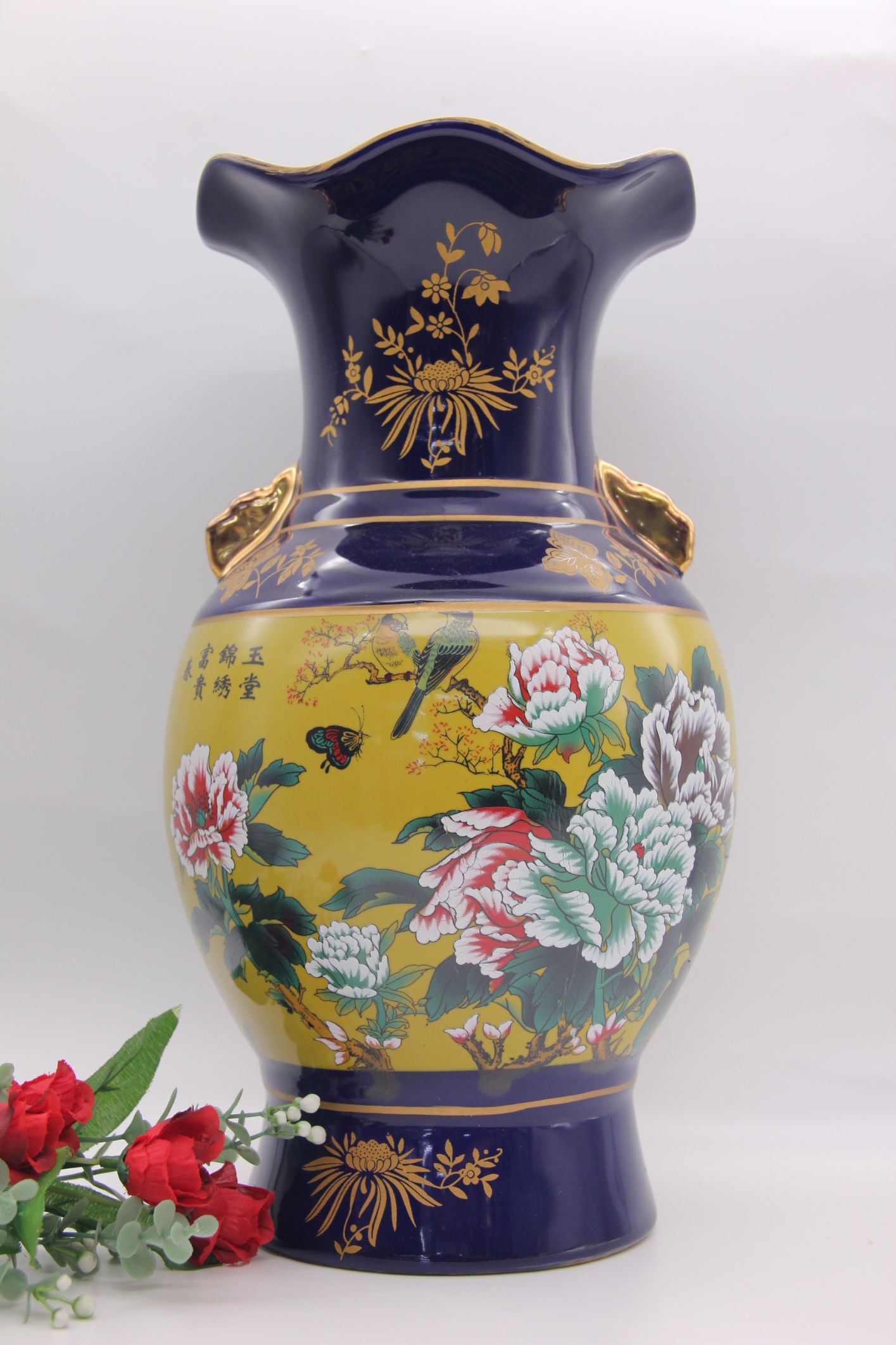 Chinese wind vase arrangement living room flower arrangement hotel porch blue glaze vase dry flower decoration thumbnail