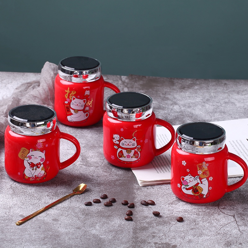 Cartoon mugs, creative and simple household breakfast water cups with LIDS, office mirror cups, business gift ceramic cups Specification image