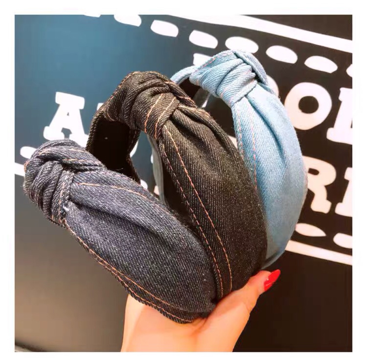 Autumn/winter Korean version of Ins retro denim fabric art wide edge middle knot hair band versatile hair clip head accessories thumbnail