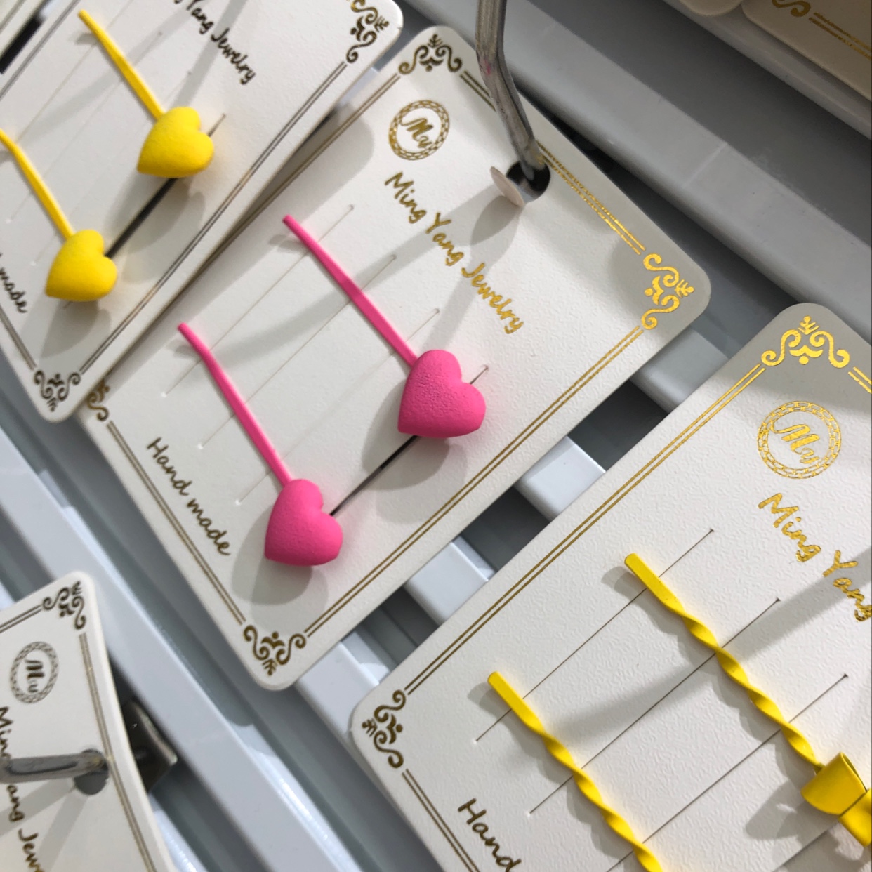 🍑新品韩版绿色布艺纽扣合金一字夹合金镂空菱形珍珠发夹头饰发饰