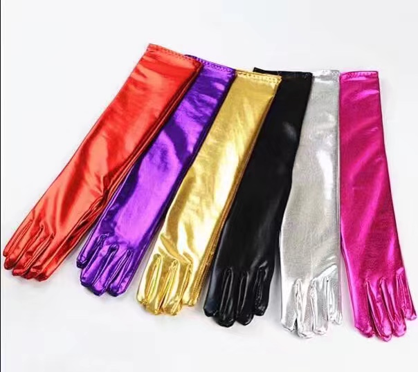 Korean version patent leather gloves, long and tight DS tight-fitting dance performance gloves props, cos soft elastic gloves details Picture