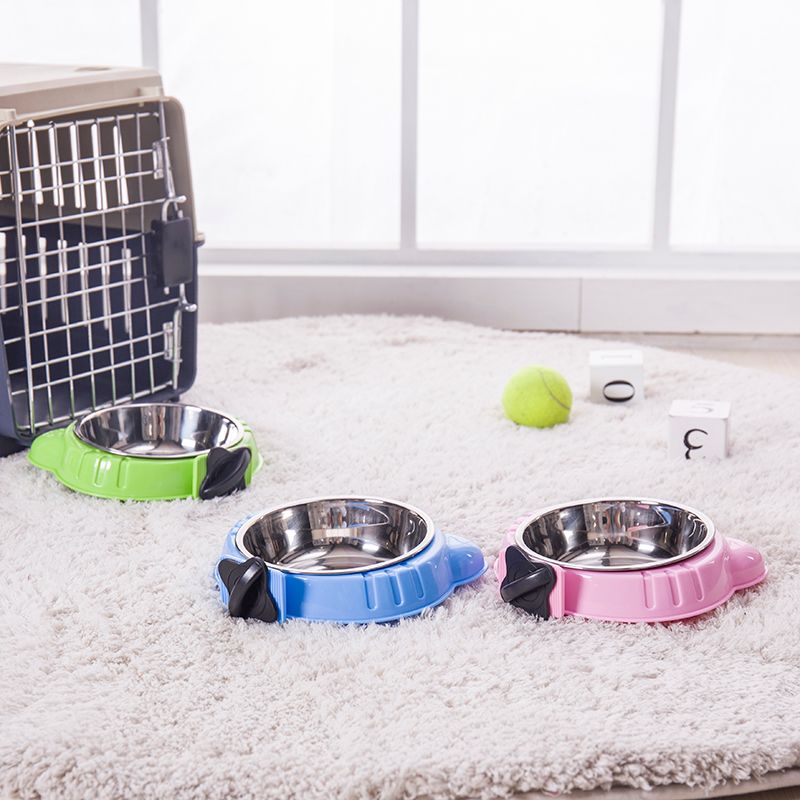 新款宠物用品卡通猫头型挂笼宠物碗 狗盆 悬挂式狗碗猫碗白底实物图