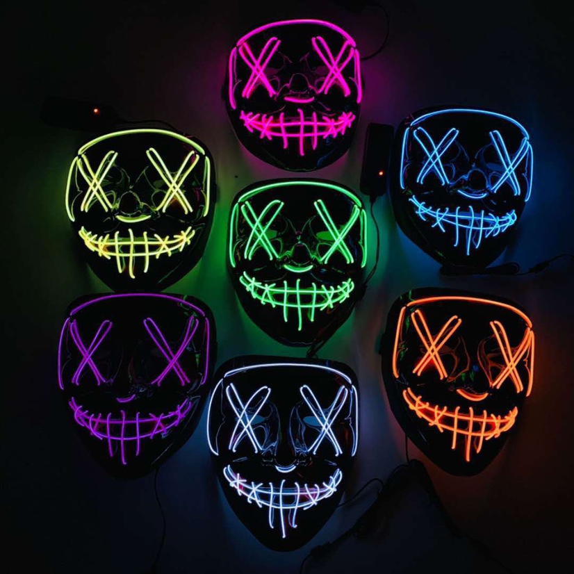 Halloween luminous mask, black V-shaped blood-stained horror LED face mask, ghost face EL fluorescent atmosphere prop