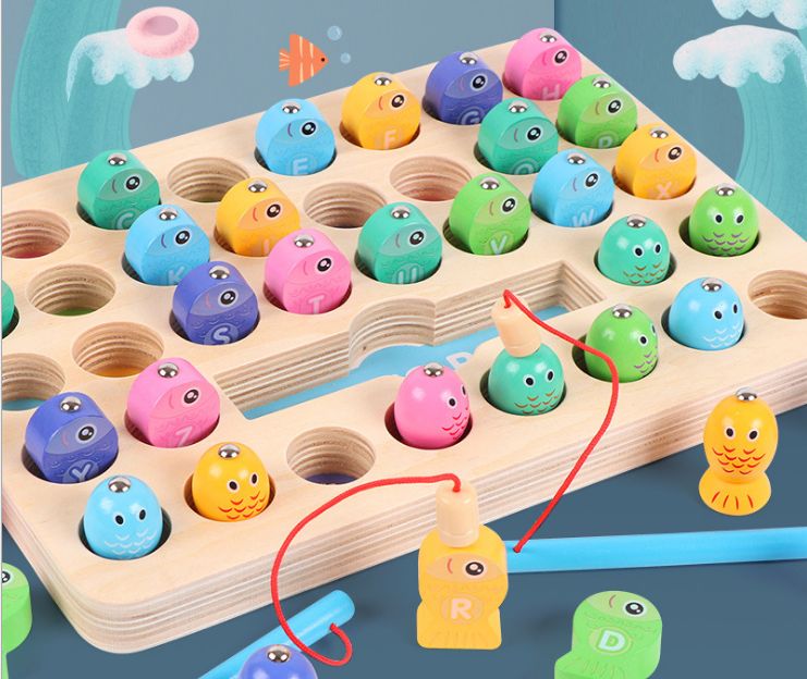 儿童木制数字字母磁性钓鱼盘早教专注力颜色认知训练互动益智玩具