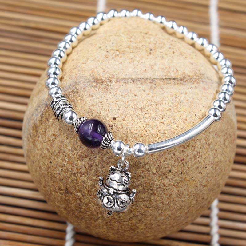S925 Foot Silver Bracelet bracelet personality DIY bracelet with retro small pendant pendant Everything matching round beads handmade braided 20 thumbnail