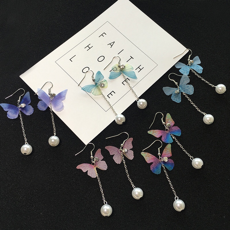 South Korea dragonfly earrings super fairy butterfly wing temperament tassel earrings long pearl earrings drop earrings wholesale thumbnail