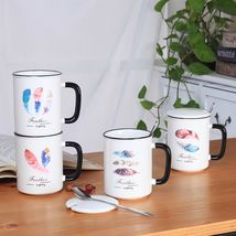 新品彩色羽毛马克杯简约黑色画线陶瓷杯商业广告促销赠送礼品水杯