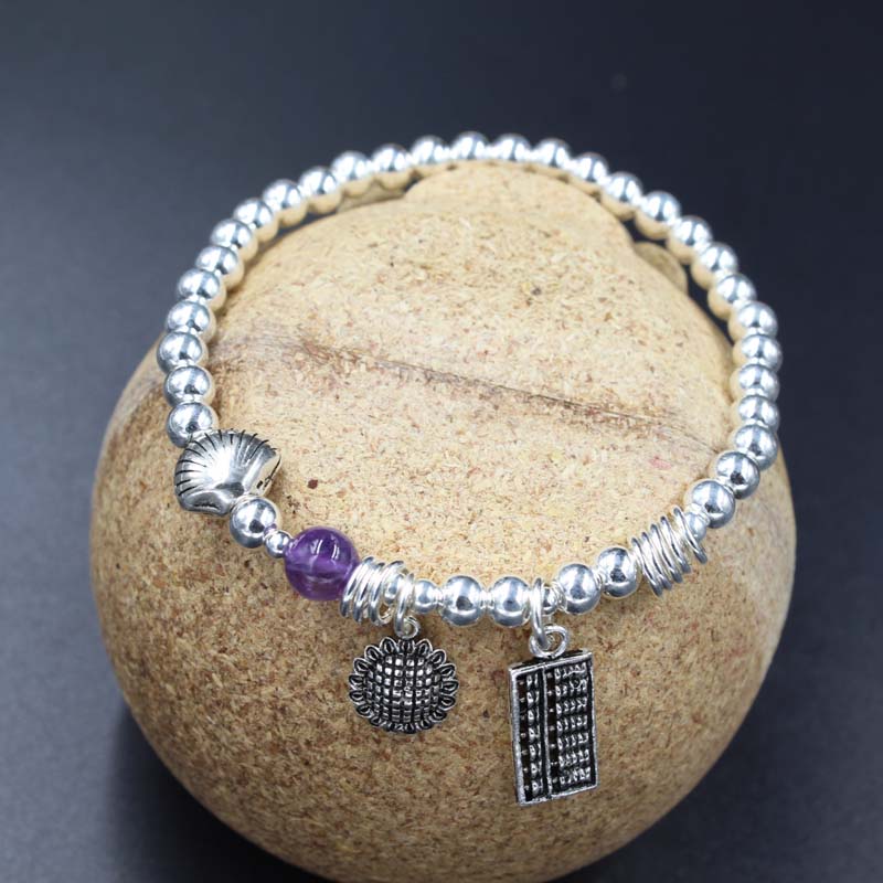 S925 Foot Silver Bracelet bracelet personality DIY bracelet with retro small pendant pendant Everything matching round beads handmade braided 12 thumbnail