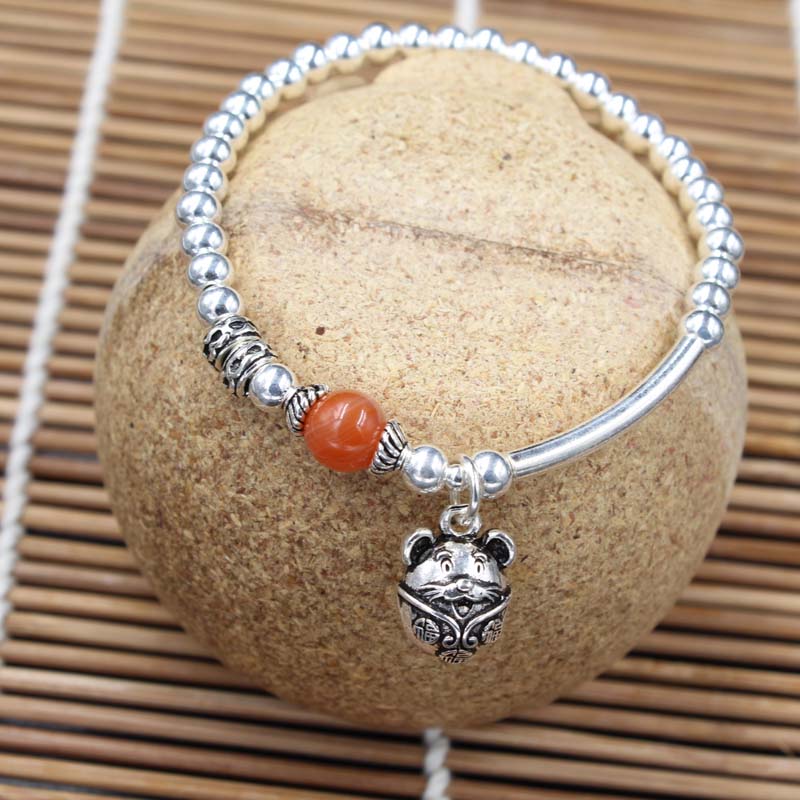 S925 Foot Silver Bracelet bracelet personality DIY bracelet with retro small pendant pendant Everything matching round beads handmade braided 19 thumbnail