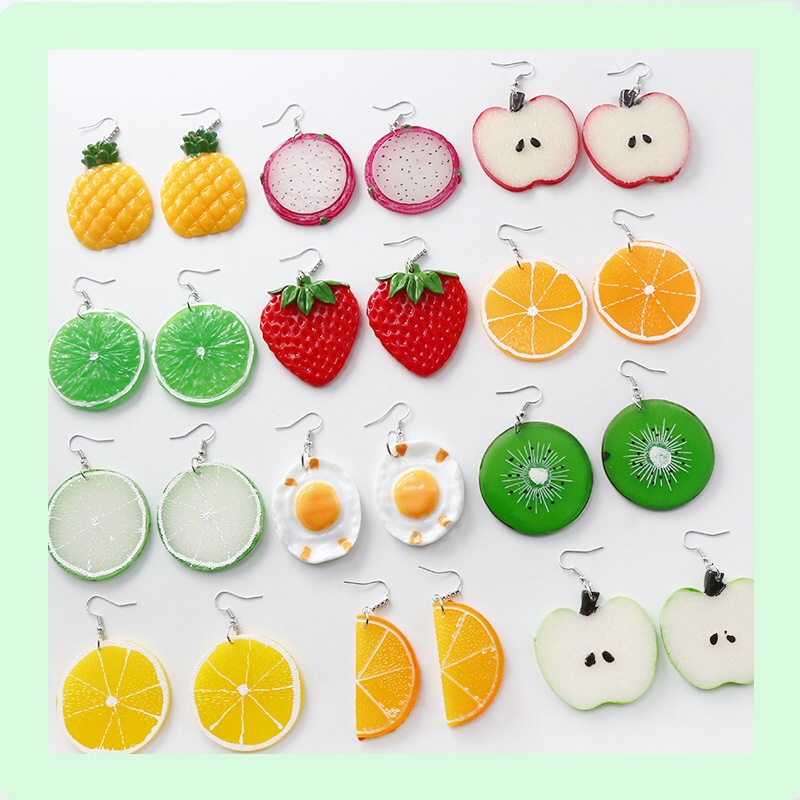 Exaggerated fruit collection earring girl heart strawberry lime earrings poached egg rhinestone eardrop in Dongdaemun, South Korea
