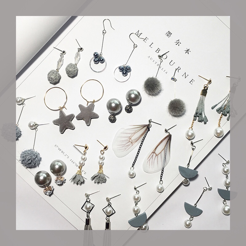 Grey department retro sweet girl geometry star earrings long tassel pearl earrings wing earrings drop thumbnail