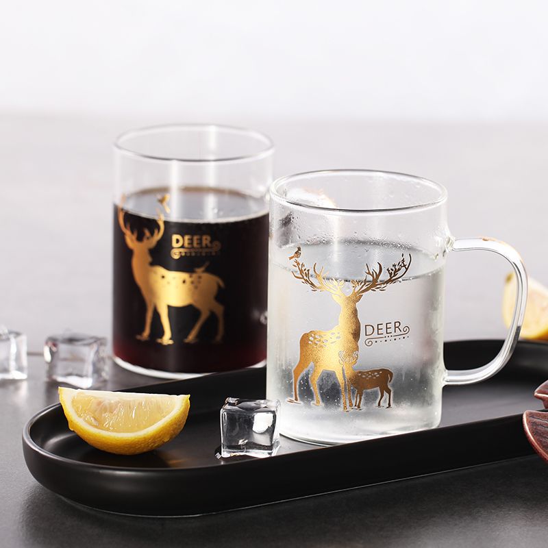 新款经典玻璃杯北欧圣诞麋鹿透明水杯耐用带盖勺咖啡杯家用冷水杯