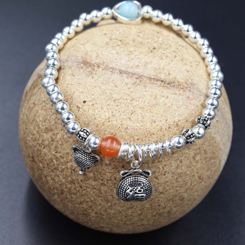 S925 Foot Silver Bracelet bracelet personality DIY bracelet with retro small pendant pendant Everything matching round beads handmade braided 15 thumbnail