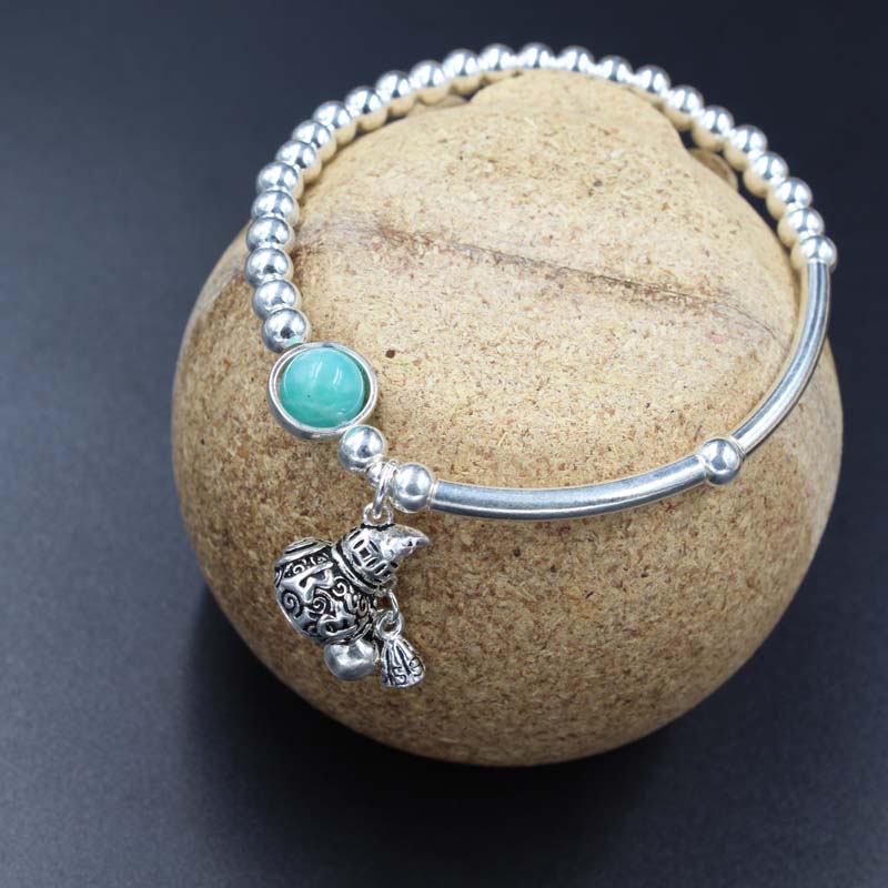 S925 Foot Silver Bracelet bracelet personality DIY bracelet with retro small pendant pendant Everything matching round beads handmade braided 18 thumbnail