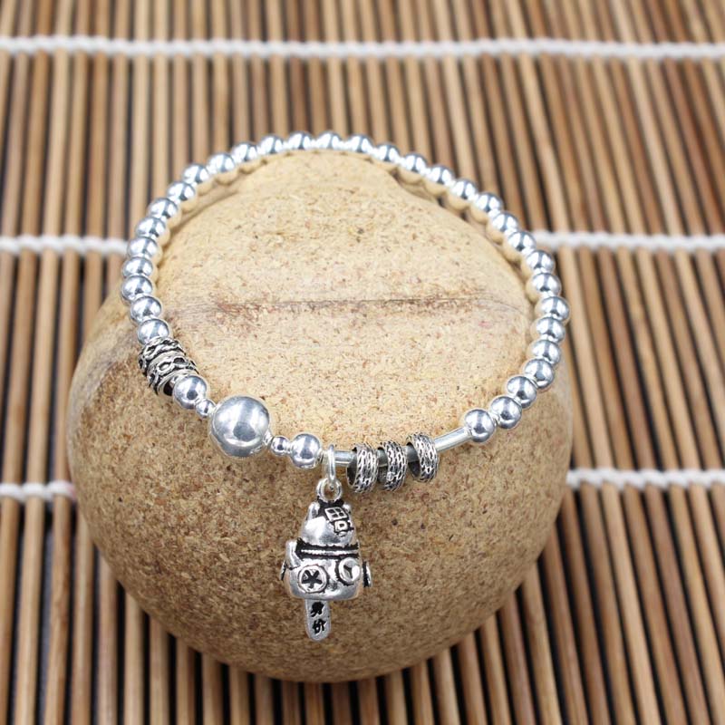 S925 Foot Silver Bracelet bracelet personality DIY bracelet with retro small pendant pendant Everything matching round beads handmade braided 14 thumbnail