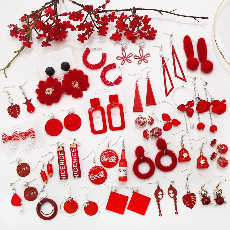 Red department Korean temperament long tassel earrings geometric simple earrings crystal pearl earrings retro wholesale thumbnail