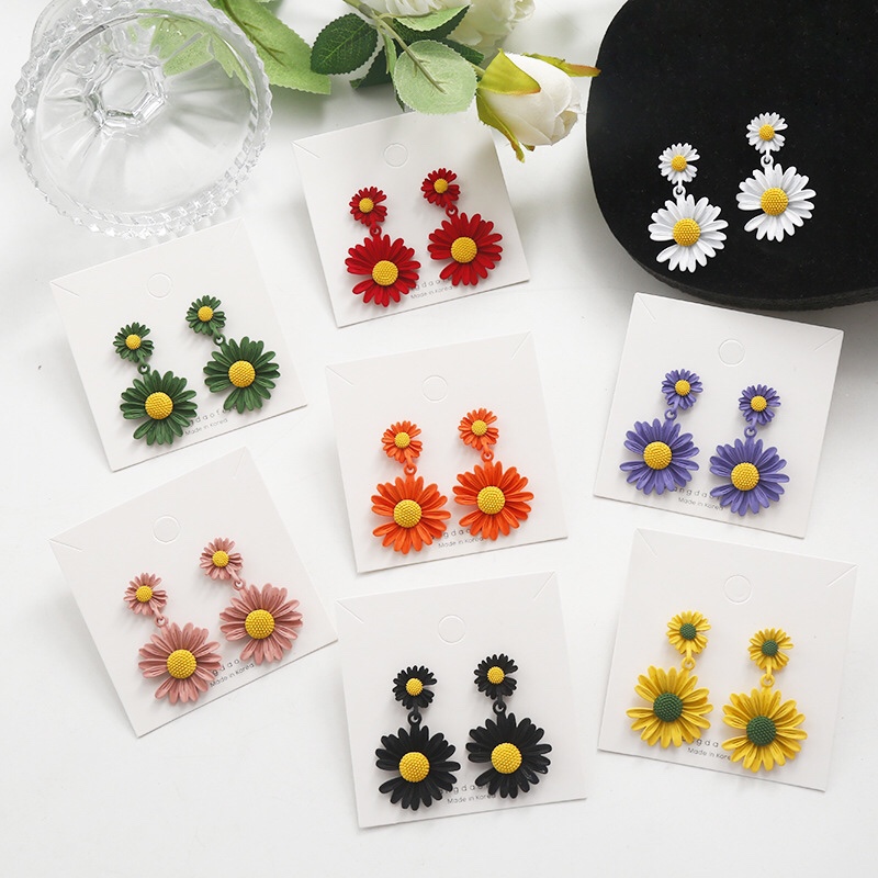 S925 silver needle Korean earrings G-dragon contrast color Mosaic small Daisy earrings flower earrings women net red earrings