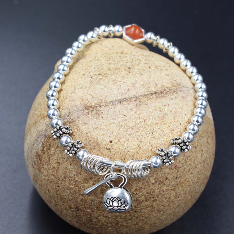 S925 Foot Silver Bracelet bracelet personality DIY bracelet with retro small pendant pendant Everything matching round beads handmade braided 13 thumbnail
