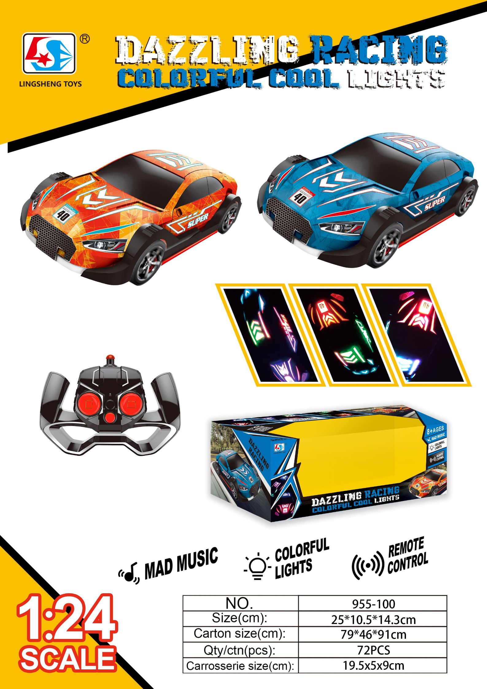 Colorful night lights remote control racing car children remote control toy car lights music remote control racing car