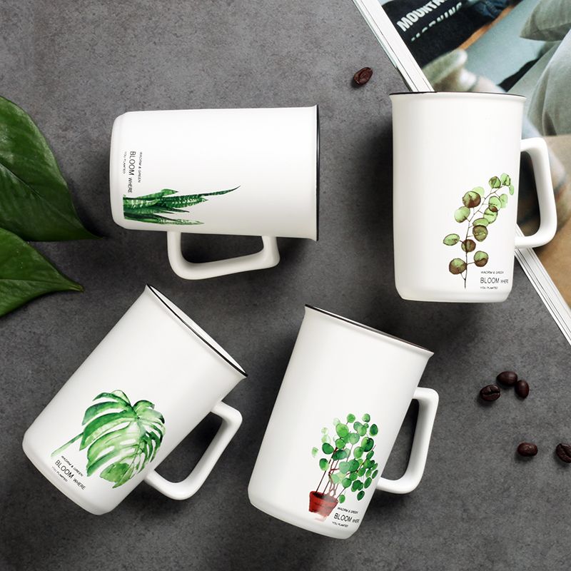 北欧马克杯植物创意水杯带盖勺学生办公家用礼品定制logo陶瓷杯