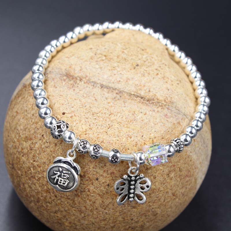 S925 Foot Silver Bracelet bracelet personality DIY bracelet with retro small pendant pendant Everything matching round beads handmade braided 16 thumbnail