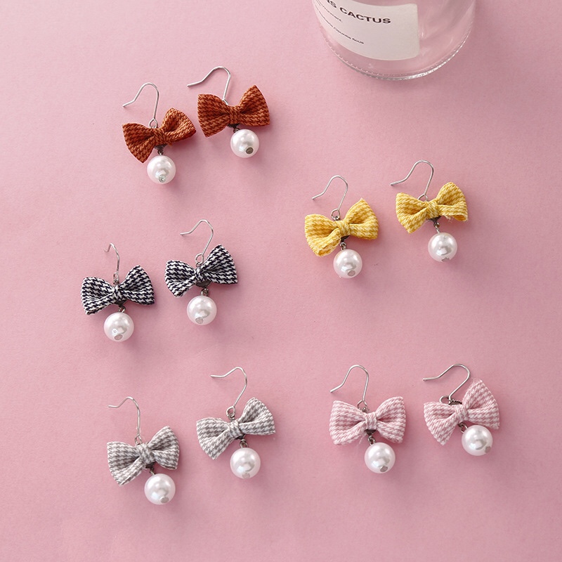 Japanese and Korean fabric bow earrings lovely girl heart lattice pearl earrings earrings sweet earrings wholesale earrings
