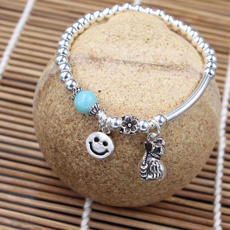 S925 Foot Silver Bracelet bracelet personality DIY bracelet with retro small pendant pendant Everything matching round beads handmade braided 17 thumbnail
