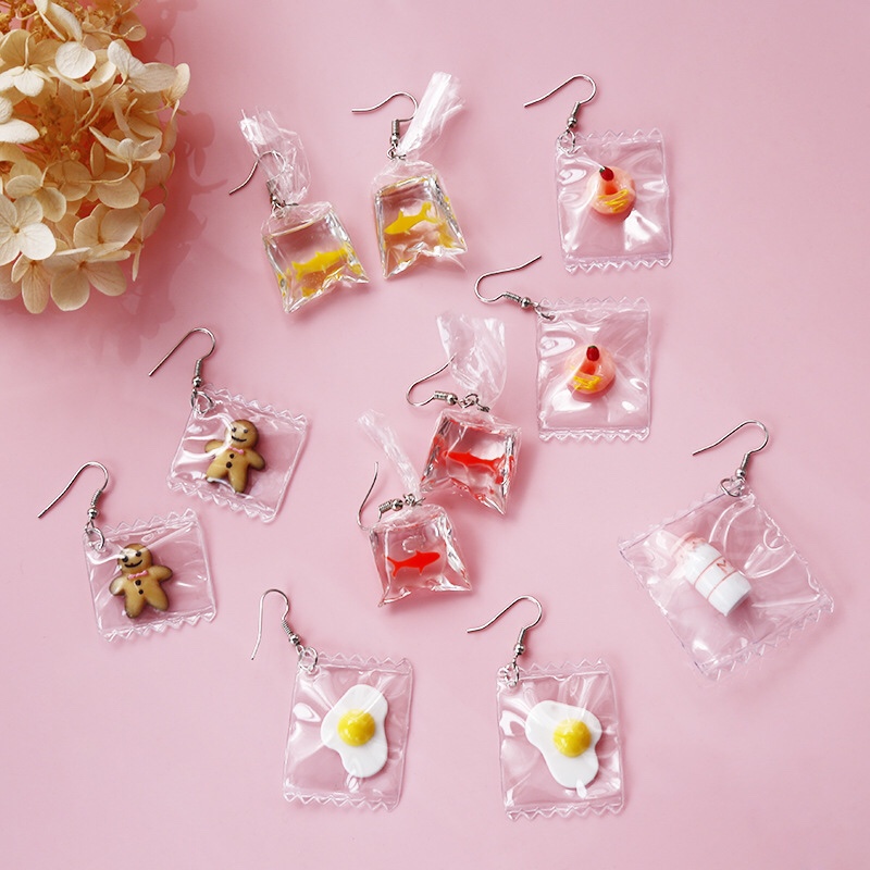 Japanese transparent water bag fun goldfish earrings make strange creative lovely poached egg doughnut fruit earrings thumbnail