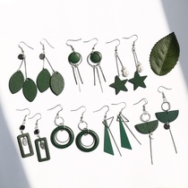 Dark green log earring Korea contracted earring geometrical star half circle leaf long pearl tassel eardrop