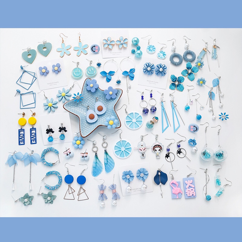 Blue earring Geometric opal crystal pearl stud Super Fairy wing long tassel petal eardrop thumbnail