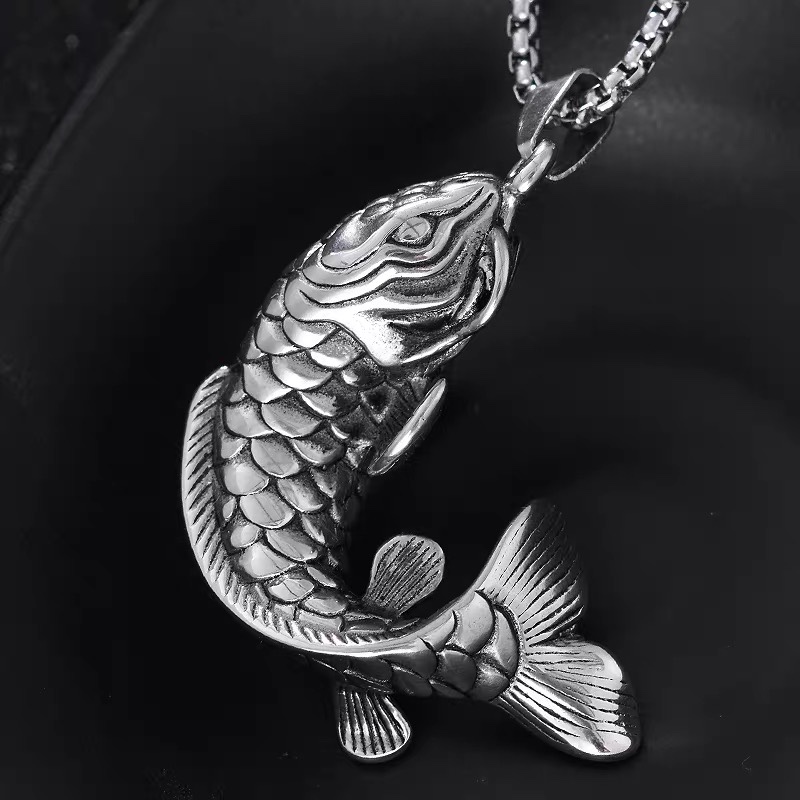 Romantic and trendy men's necklace, titanium steel carp necklace, lucky koi pendant, ethnic-style collarbone chain Specification image