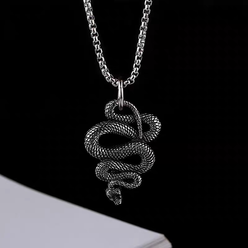 Ouyashi European and American disco style retro snake-shaped necklace, men's trendy hip-hop titanium steel pendant with accessories, women's sweater chain details Picture