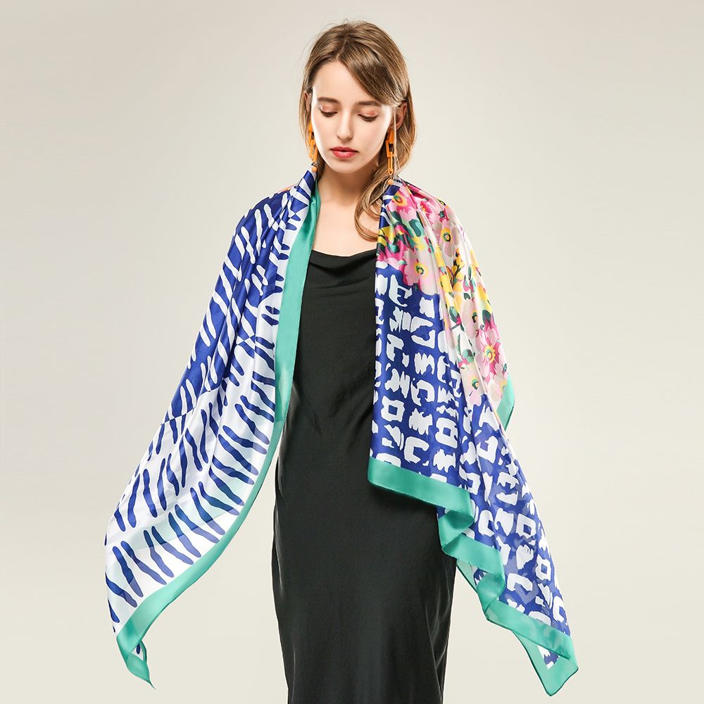 Triangular spliced floral silk satin printed scarves, European and American style spring and autumn thin scarves details Picture