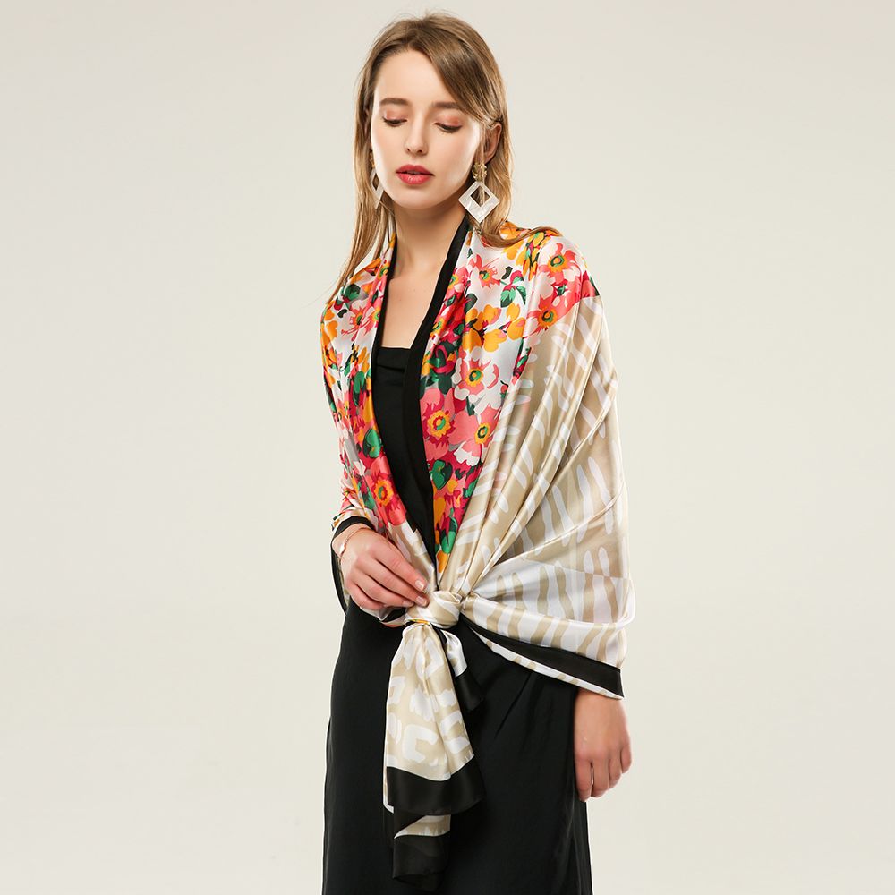 Triangular spliced floral silk satin printed scarves, European and American style spring and autumn thin scarves Specification image