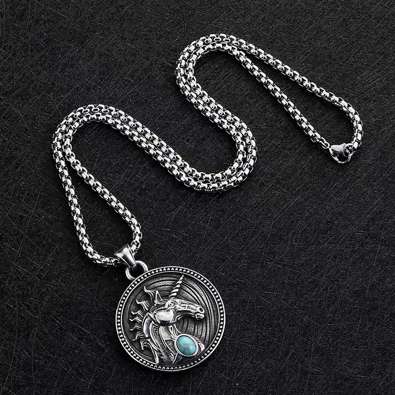 Unicorn hip-hop necklace, men's trendy and fashionable decoration, retro round plate titanium steel pendant, women's sweater chain, long accessory details Picture