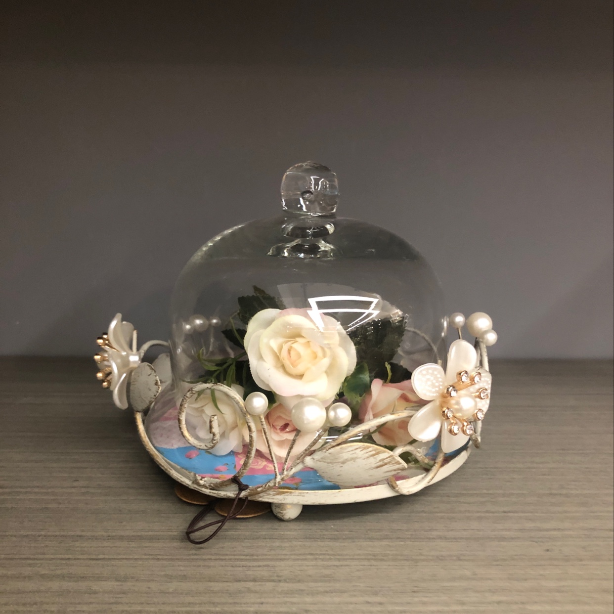 Fa8949珍珠花朵 铁艺灰刷金玻璃蛋糕盘图