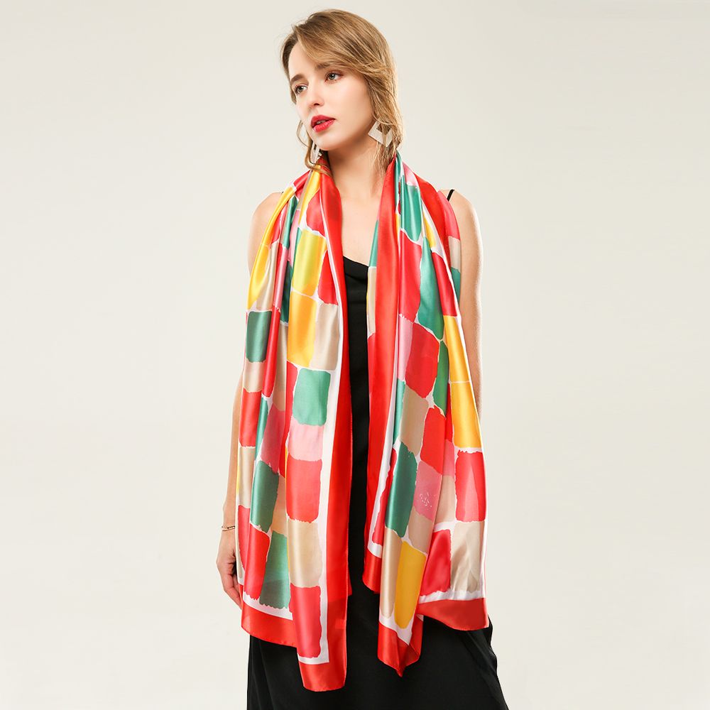 Amazon Source Silk Satin Color Square Printed Scarf Geometric Pattern Spring And Autumn Scarf Spot Wholesale details Picture
