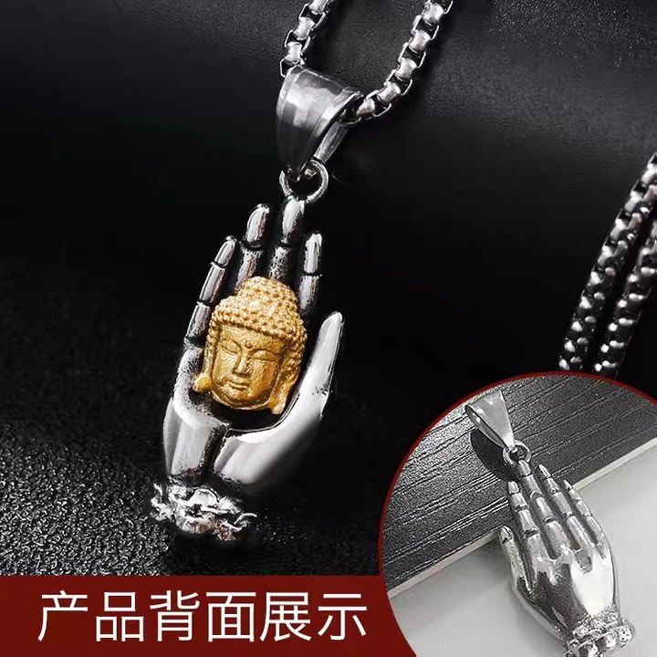 Retro palm Buddha necklace, men's zodiac Buddha pendant, Great Sun Buddha, titanium steel ethnic style pendant, trendy Application Scenario
