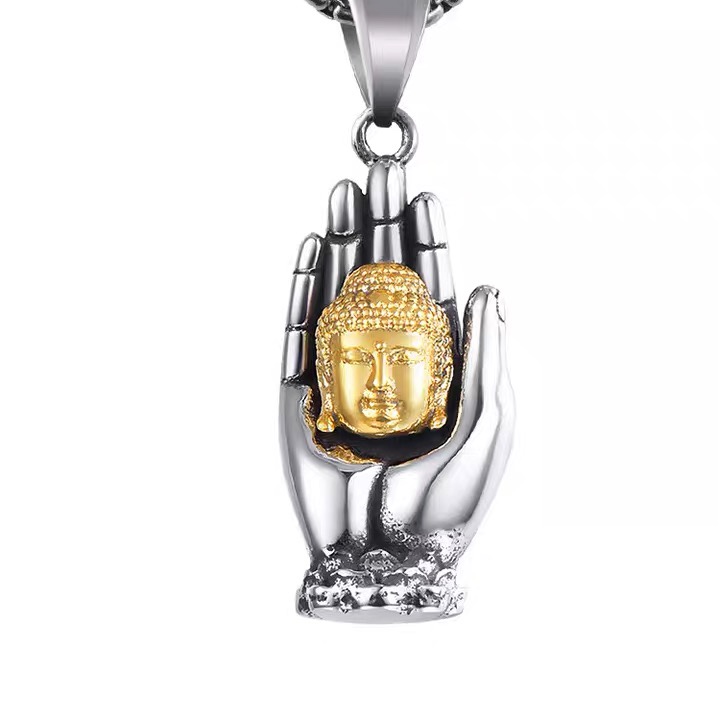 Retro palm Buddha necklace, men's zodiac Buddha pendant, Great Sun Buddha, titanium steel ethnic style pendant, trendy Item Picture