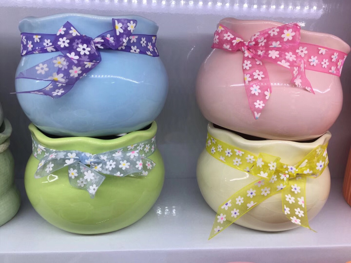 Ribbon tied ceramic flowerpot, candy-colored, fresh and light mixed color succulent artificial flower plant potted plant details Picture