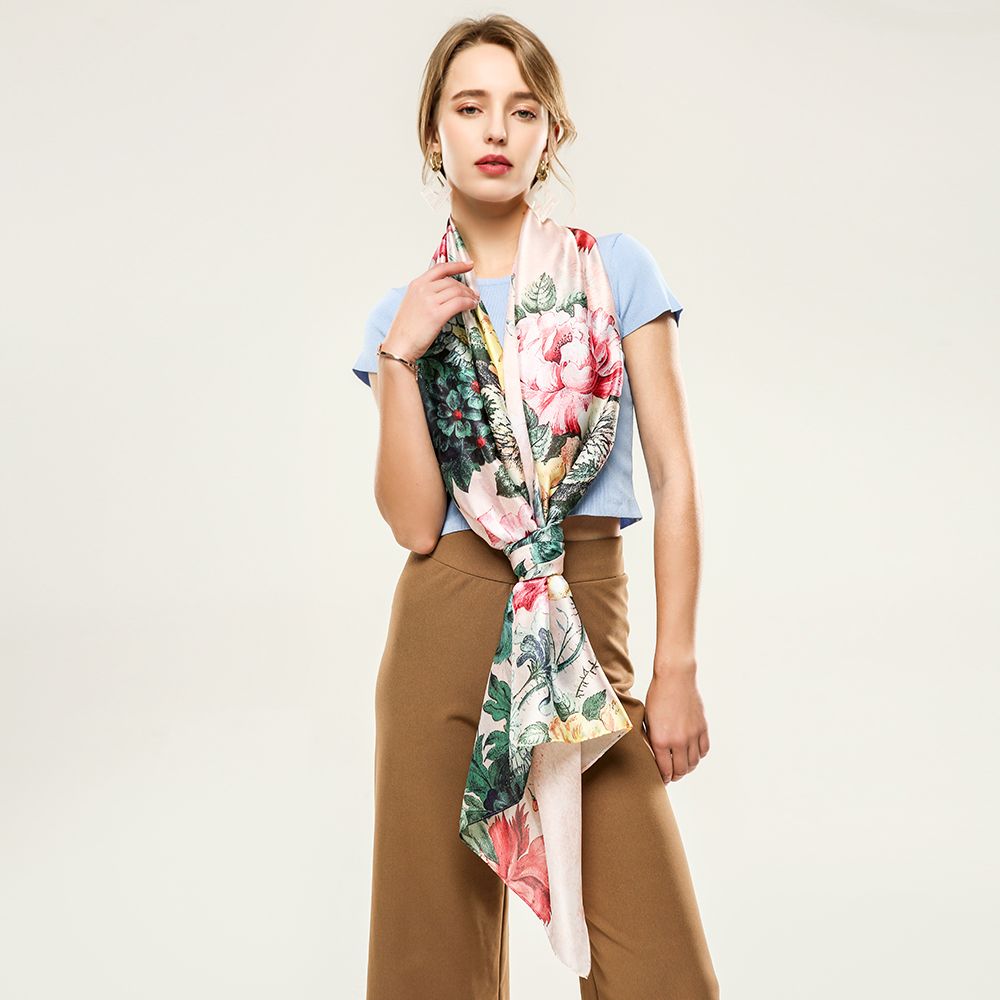 Classic Printed Silk Satin Peony Pattern Ladies Scarf With Double Color Shawl In Stock Specification drawing