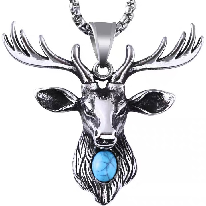 Titanium steel retro elk antler necklace for men, "Deer with You All the Way" personalized pendant, hip-hop trendy men's deer head decoration full figure