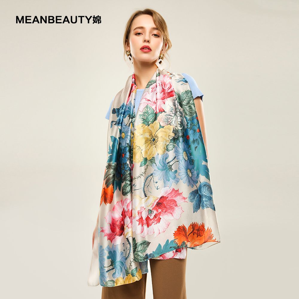 Classic Printed Silk Satin Peony Pattern Ladies Scarf With Double Color Shawl In Stock