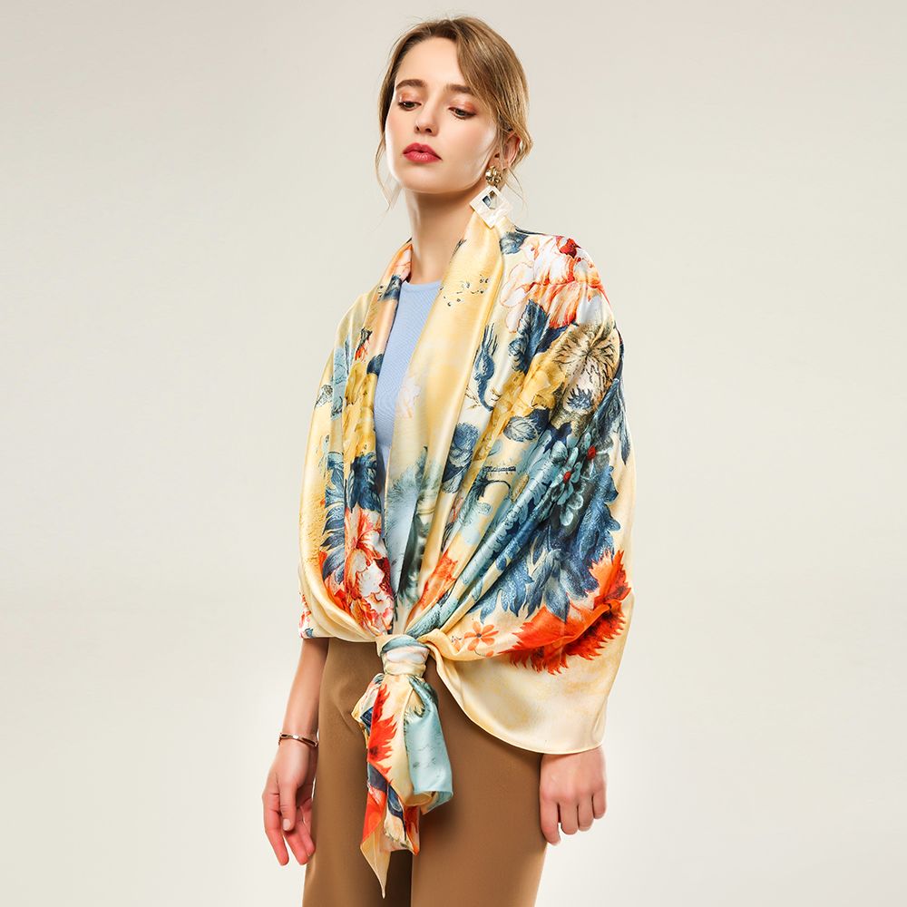 Classic Printed Silk Satin Peony Pattern Ladies Scarf With Double Color Shawl In Stock Application Scenario