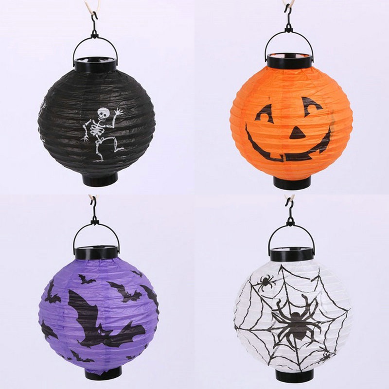 Halloween decorations: Pumpkin paper lanterns, orange ghost lanterns, white LED light lanterns, haunted house decoration props details Picture