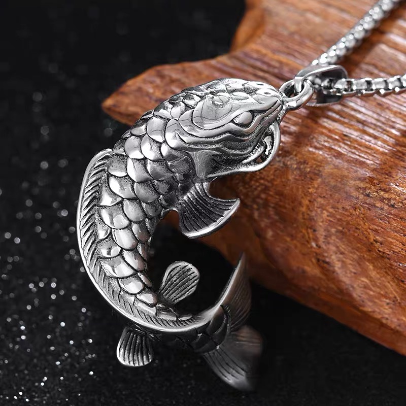 Romantic and trendy men's necklace, titanium steel carp necklace, lucky koi pendant, ethnic-style collarbone chain details Picture