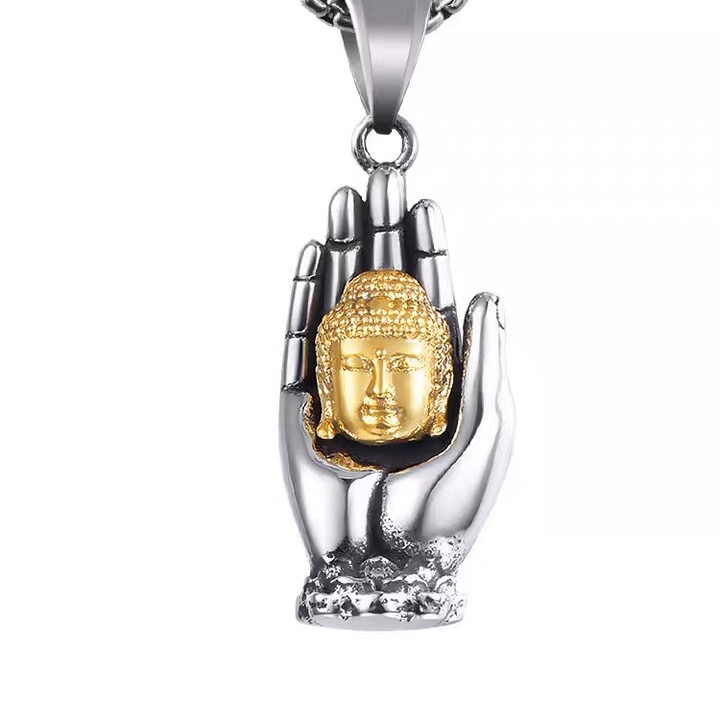 Retro palm Buddha necklace, men's zodiac Buddha pendant, Great Sun Buddha, titanium steel ethnic style pendant, trendy full figure