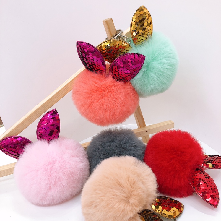 Sequins rabbit ears cat ears hair ball key chain pendant thumbnail
