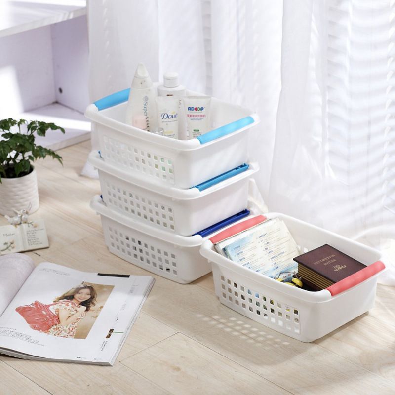Direct sales candy-colored handle desktop storage basket, hollowed-out storage basket, stackable storage box, small size full figure